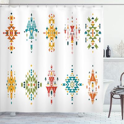 Ambesonne Tribal Shower Curtain, Abstract Style in Colorful Design Vintage Old Illustration, Cloth Fabric Bathroom Decor Set with Hooks, 69" W x 75" L, Petrol Blue