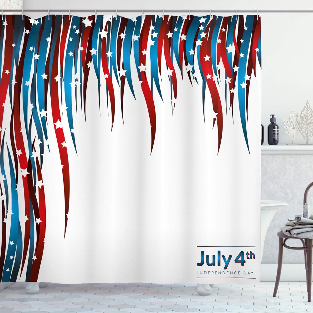 Ambesonne 4th of July Shower Curtain, Independence Day Themed Stars and Swirled Stripes Composition, Cloth Fabric Bathroom Decor Set with Hooks, 69" W x 84" L, Red White and Navy Blue