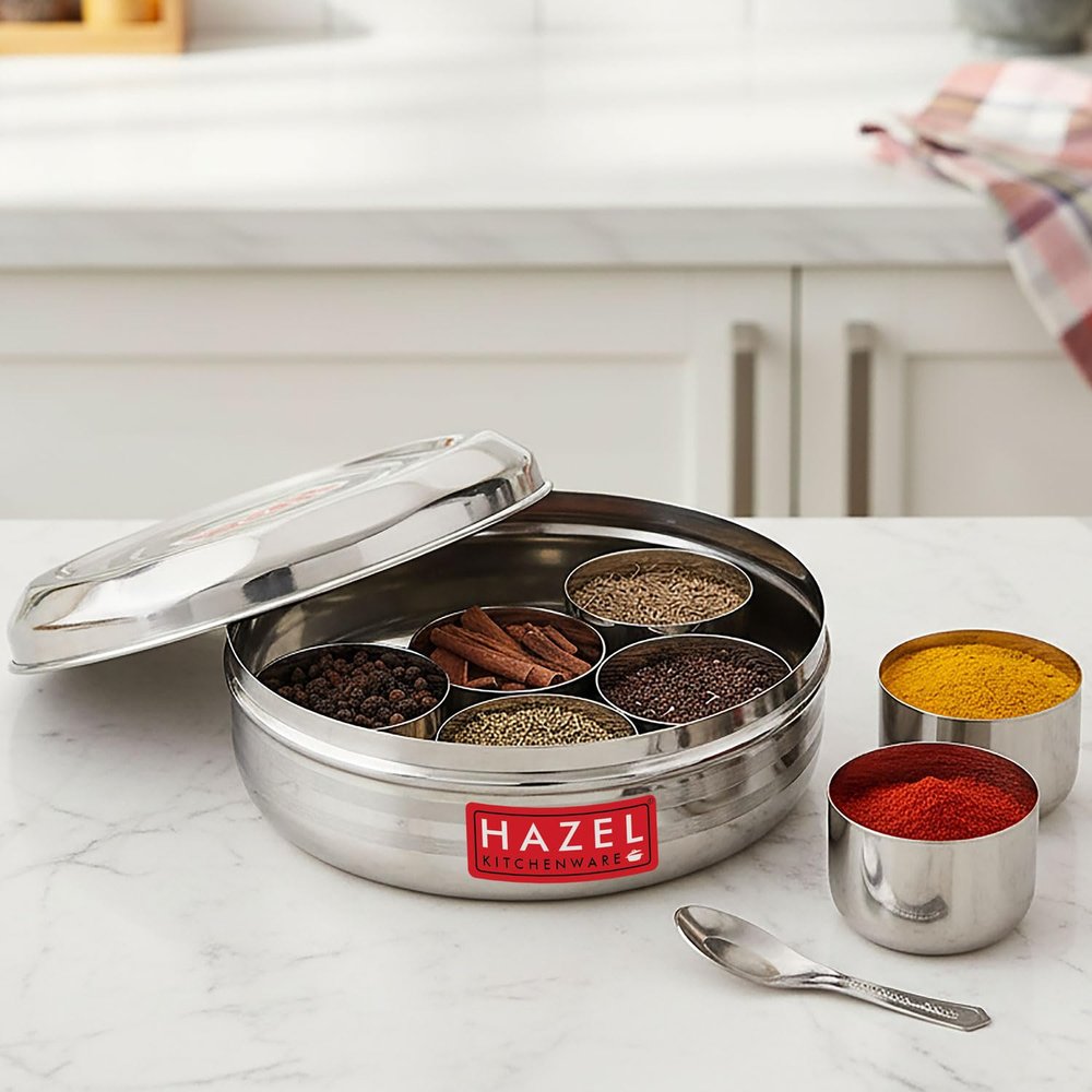HAZEL Stainless Steel Airtight Masala Dabba Spice Box with Spoon | 7-Compartment Indian Spice Container | 7.3-Inch Round Steel Masala Box for Kitchen Organization