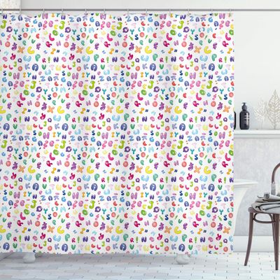 Ambesonne ABC Shower Curtain, Colorful Alphabet ABC Bubble Letters Doodle Style Fun Design, Cloth Fabric Bathroom Decor Set with Hooks, 69" W x 70" L, Pink Green