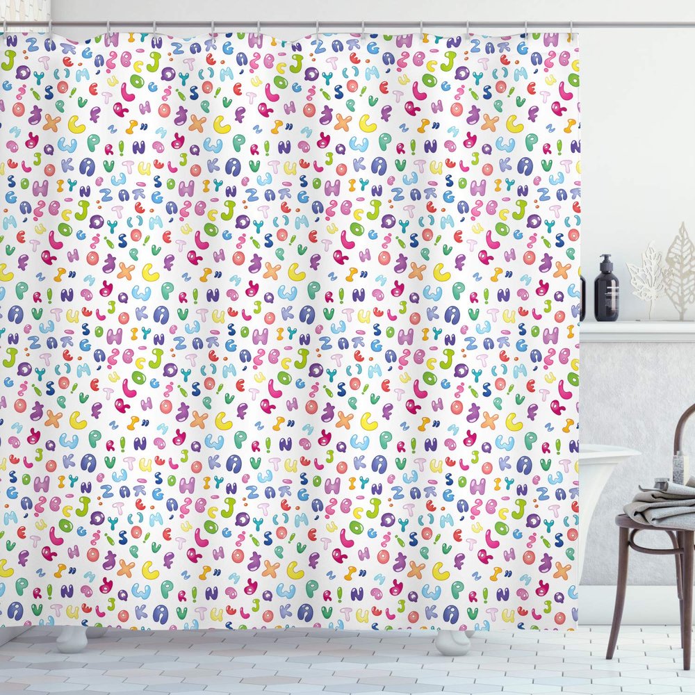 Ambesonne ABC Shower Curtain, Colorful Alphabet ABC Bubble Letters Doodle Style Fun Design, Cloth Fabric Bathroom Decor Set with Hooks, 69" W x 70" L, Pink Green