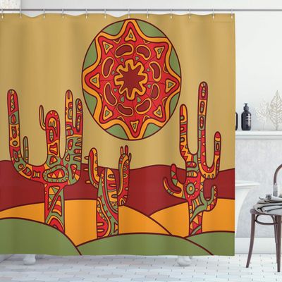 Ambesonne Cactus Shower Curtain, Print Cartoon Like Cactus Design with Oriental Effects Art Image Print, Cloth Fabric Bathroom Decor Set with Hooks, 69" W x 84" L, Burgundy Earth Yellow