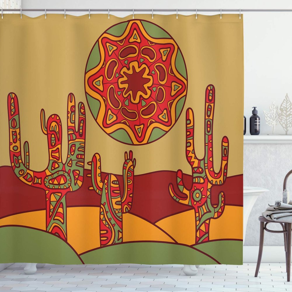 Ambesonne Cactus Shower Curtain, Print Cartoon Like Cactus Design with Oriental Effects Art Image Print, Cloth Fabric Bathroom Decor Set with Hooks, 69" W x 84" L, Burgundy Earth Yellow