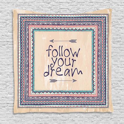 Ambesonne Tribal Tapestry, Inspirational Words Follow Your Dream and Arrows Aztec Framed Graphic Art Print, Wall Hanging for Bedroom Living Room Dorm Decor, 60" X 80", Tan Coral Blue