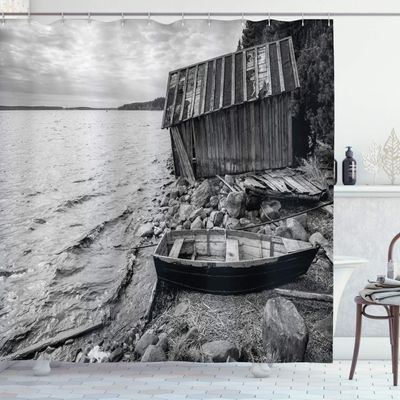 Ambesonne Black and White Shower Curtain, Old Wooden Fishing Boat and Abandoned Barn on The Lake Coastal Art Picture, Cloth Fabric Bathroom Decor Set with Hooks, 69" W x 84" L, Grey