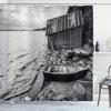 Ambesonne Black and White Shower Curtain, Old Wooden Fishing Boat and Abandoned Barn on The Lake Coastal Art Picture, Cloth Fabric Bathroom Decor Set with Hooks, 69" W x 84" L, Grey view 1