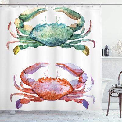 Ambesonne Crabs Shower Curtain, Watercolor Style Effect Sea Animal Theme Pattern Illustration of Crabs Art Print, Cloth Fabric Bathroom Decor Set with Hooks, 69" W x 75" L, Orange Teal