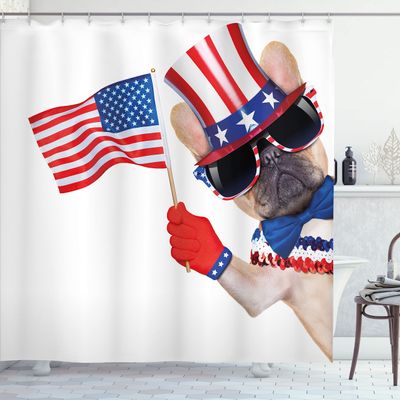 Ambesonne 4th of July Shower Curtain, Pug Dog Wearing Patriotic Accessories and Waving The Flag Celebration Image, Cloth Fabric Bathroom Decor Set with Hooks, 69" W x 75" L, Off White Multicolor