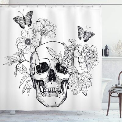 Ambesonne Day of The Dead Shower Curtain, Skull with Flower Blooms and Butterflies Vintage Gothic Design Print, Cloth Fabric Bathroom Decor Set with Hooks, 69" W x 75" L, Charcoal Grey White