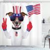 Ambesonne 4th of July Shower Curtain, Funny Pet Dog with an Uncle Sam Hat Holding a Peace Sign and an American Flag, Cloth Fabric Bathroom Decor Set with Hooks, 69" W x 75" L, Dark Blue Coral White view 1