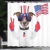 Ambesonne 4th of July Shower Curtain, Funny Pet Dog with an Uncle Sam Hat Holding a Peace Sign and an American Flag, Cloth Fabric Bathroom Decor Set with Hooks, 69" W x 75" L, Dark Blue Coral White view 3
