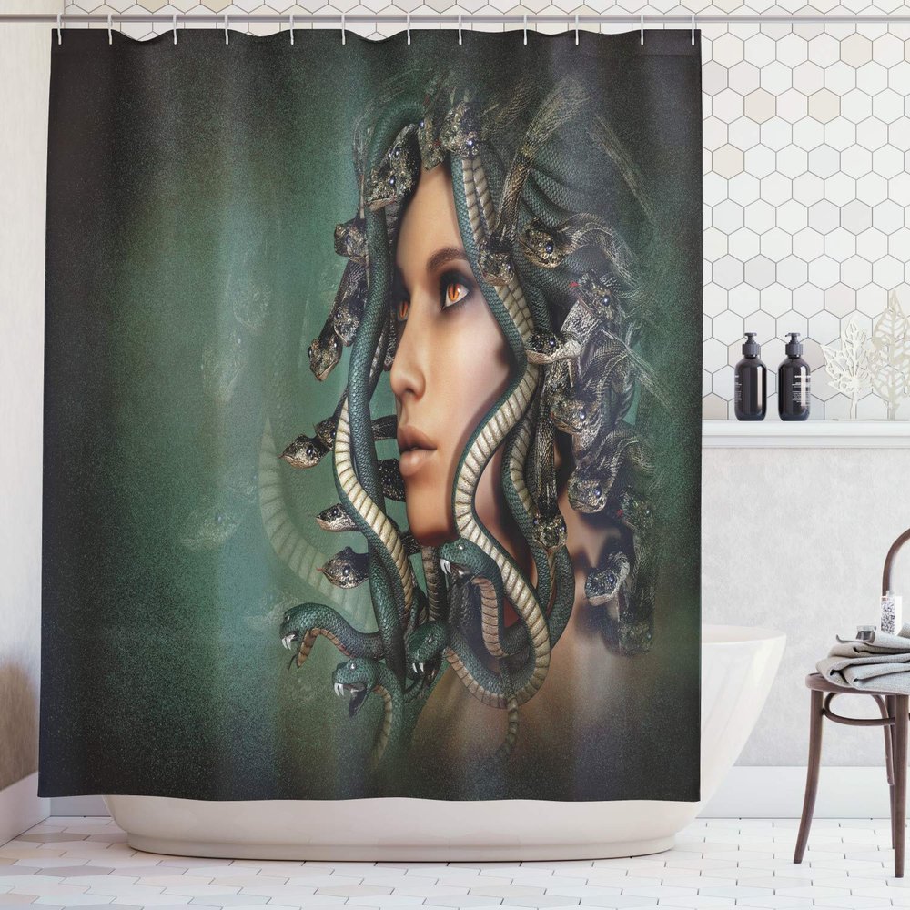 Ambesonne Mythological Shower Curtain, Woman with Snake Hair on Her Head Historic Style Myth Illustration Print, Cloth Fabric Bathroom Decor Set with Hooks, 69" W x 84" L, Green and Tan