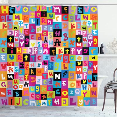 Ambesonne Abstract Shower Curtain, Colored Alphabet Letters Pattern Game Graphic Print, Cloth Fabric Bathroom Decor Set with Hooks, 69" W x 84" L, Multicolor Black