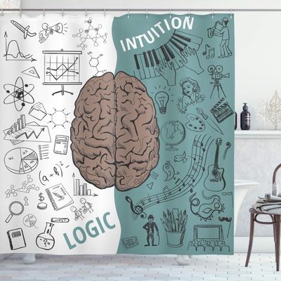 Ambesonne Modern Shower Curtain, Brain Image Left and Right Music Logic Art Side Science Print, Cloth Fabric Bathroom Decor Set with Hooks, 69" W x 75" L, White Teal