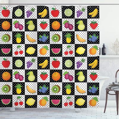 Ambesonne Black and White Shower Curtain, Kitchen Fruits and Vegetables Nature with Dots Chess Squares Art Design, Cloth Fabric Bathroom Decor Set with Hooks, 69" W x 84" L, Multicolor White Black