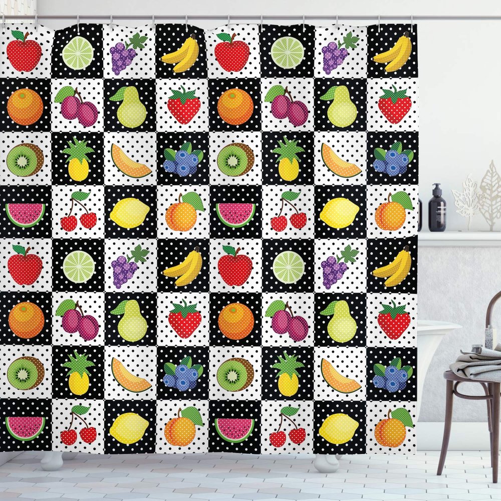 Ambesonne Black and White Shower Curtain, Kitchen Fruits and Vegetables Nature with Dots Chess Squares Art Design, Cloth Fabric Bathroom Decor Set with Hooks, 69" W x 84" L, Multicolor White Black