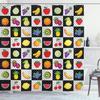 Ambesonne Black and White Shower Curtain, Kitchen Fruits and Vegetables Nature with Dots Chess Squares Art Design, Cloth Fabric Bathroom Decor Set with Hooks, 69" W x 84" L, Multicolor White Black view 1
