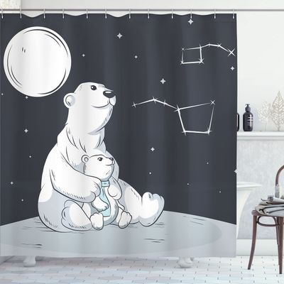 Ambesonne Starry Night Shower Curtain, Mother Polar Bear Her Son Looking Stars Constellation Illustration, Cloth Fabric Bathroom Decor Set with Hooks, 69" W x 70" L, White Blue Vermilion