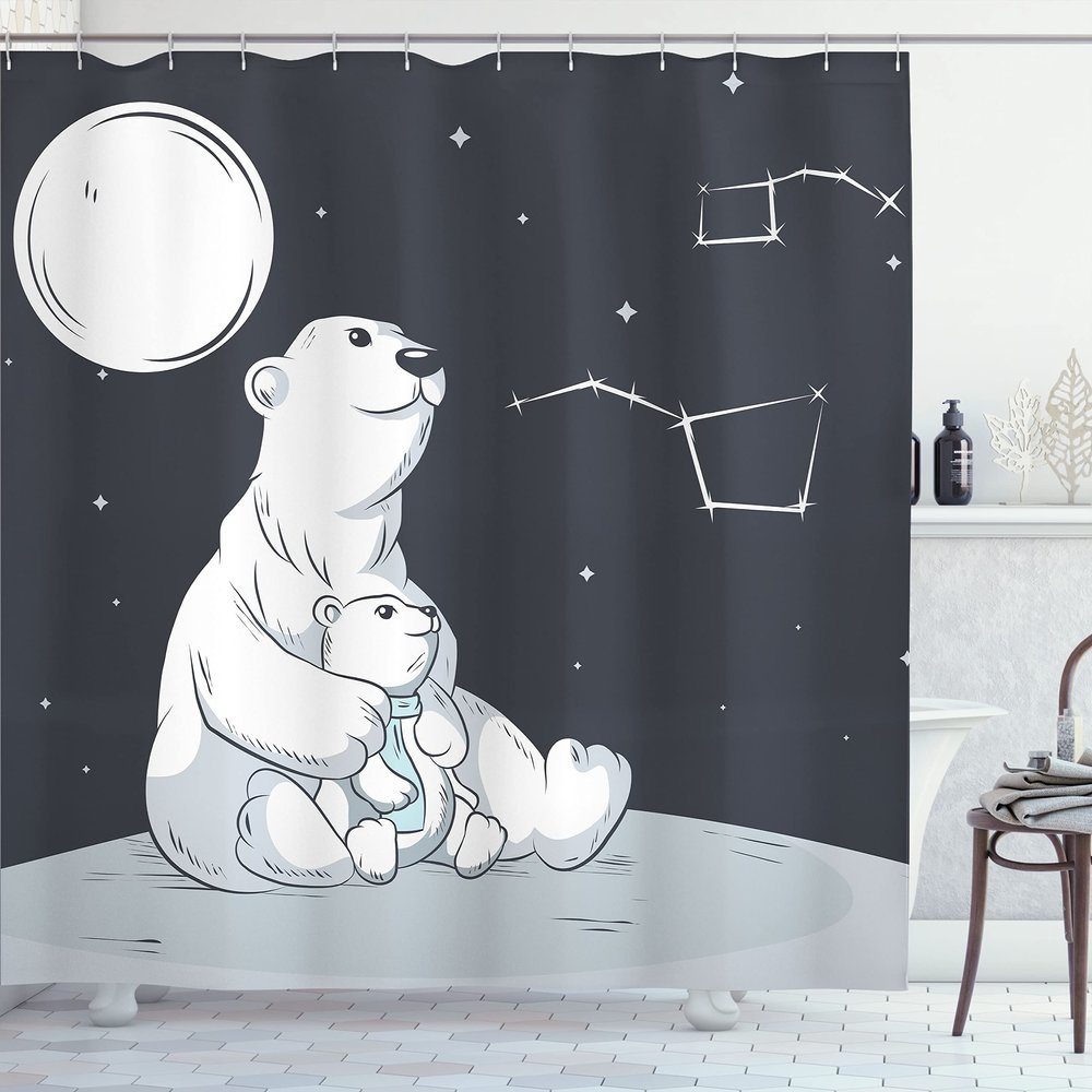 Ambesonne Starry Night Shower Curtain, Mother Polar Bear Her Son Looking Stars Constellation Illustration, Cloth Fabric Bathroom Decor Set with Hooks, 69" W x 70" L, White Blue Vermilion
