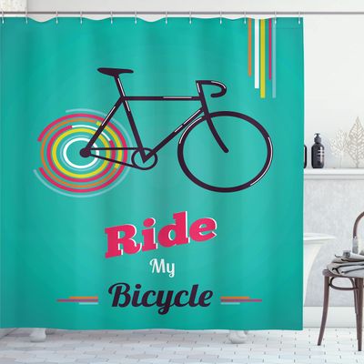 Ambesonne Vintage Shower Curtain, Ride My Bicycle Theme Poster Style Retro Bike Hipster Art Illustration, Cloth Fabric Bathroom Decor Set with Hooks, 69" W x 84" L, Teal Hot Pink Black