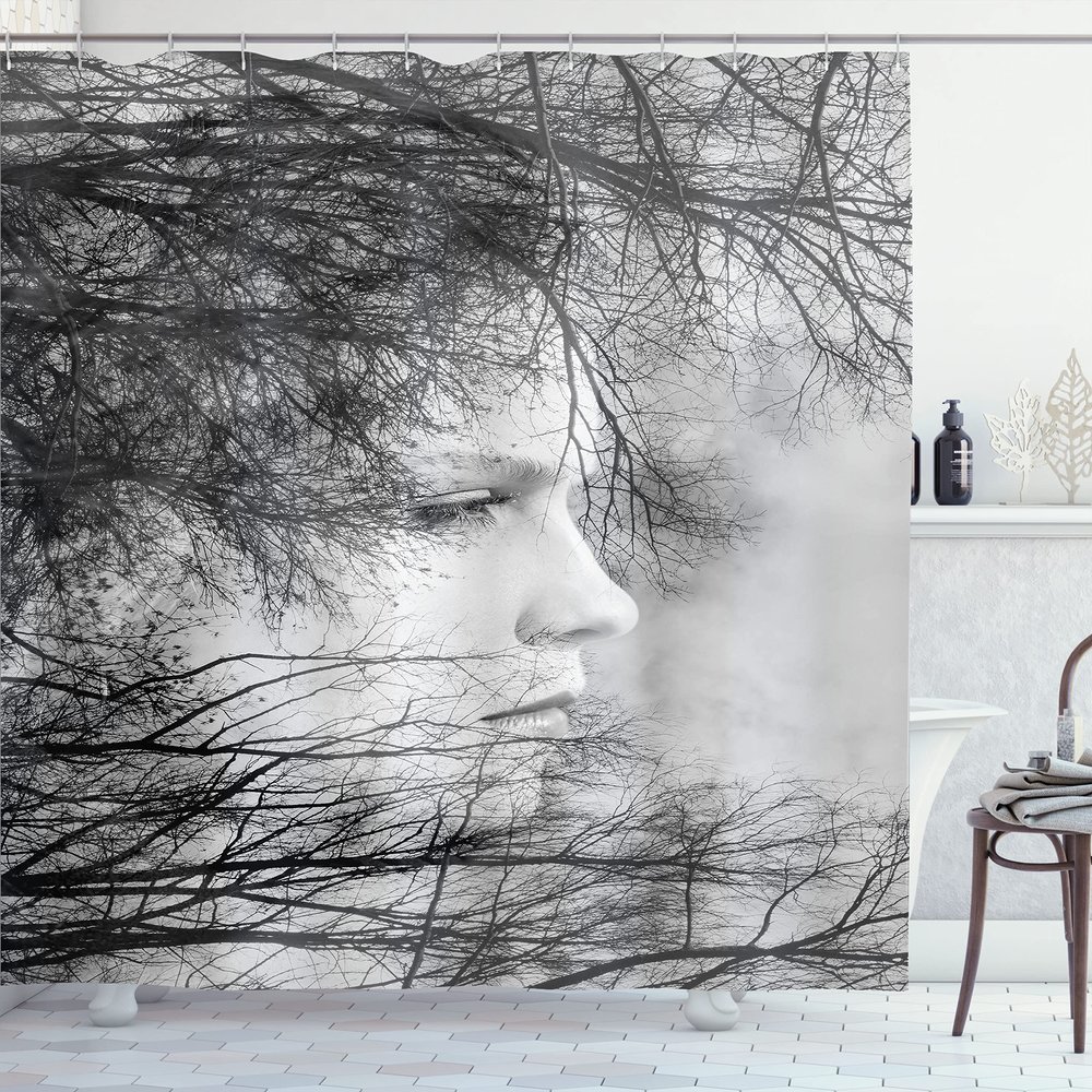 Ambesonne Black and White Shower Curtain, Woman Face Among Tree Branches Double Exposure Effect Print, Cloth Fabric Bathroom Decor Set with Hooks, 69" W x 84" L, White Charcoal Grey