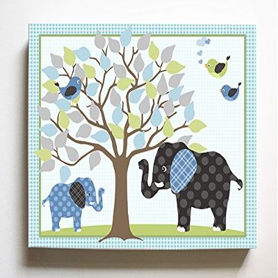 Whimsical Elephant & Lovebirds Garden - Checkerboard Stretched Canvas Nursery Decor - Wall Art That Makes a Memorable Baby Gift Idea - Wooden Frame Construction - Ready to Hang 24X30