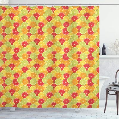 Ambesonne Colorful Shower Curtain, Fresh Ripe Citrus Fruits Orange Grapefruit and Lemon Repeating Circular Pattern, Cloth Fabric Bathroom Decor Set with Hooks, 69" W x 70" L, Multicolor Lime Green