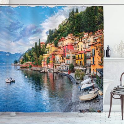 Ambesonne Italian Shower Curtain, Summer Village by The Mediterranean Sea with Yacht Boats Idyllic Town Panorama, Cloth Fabric Bathroom Decor Set with Hooks, 69" W x 70" L, Multicolor Sky Blue