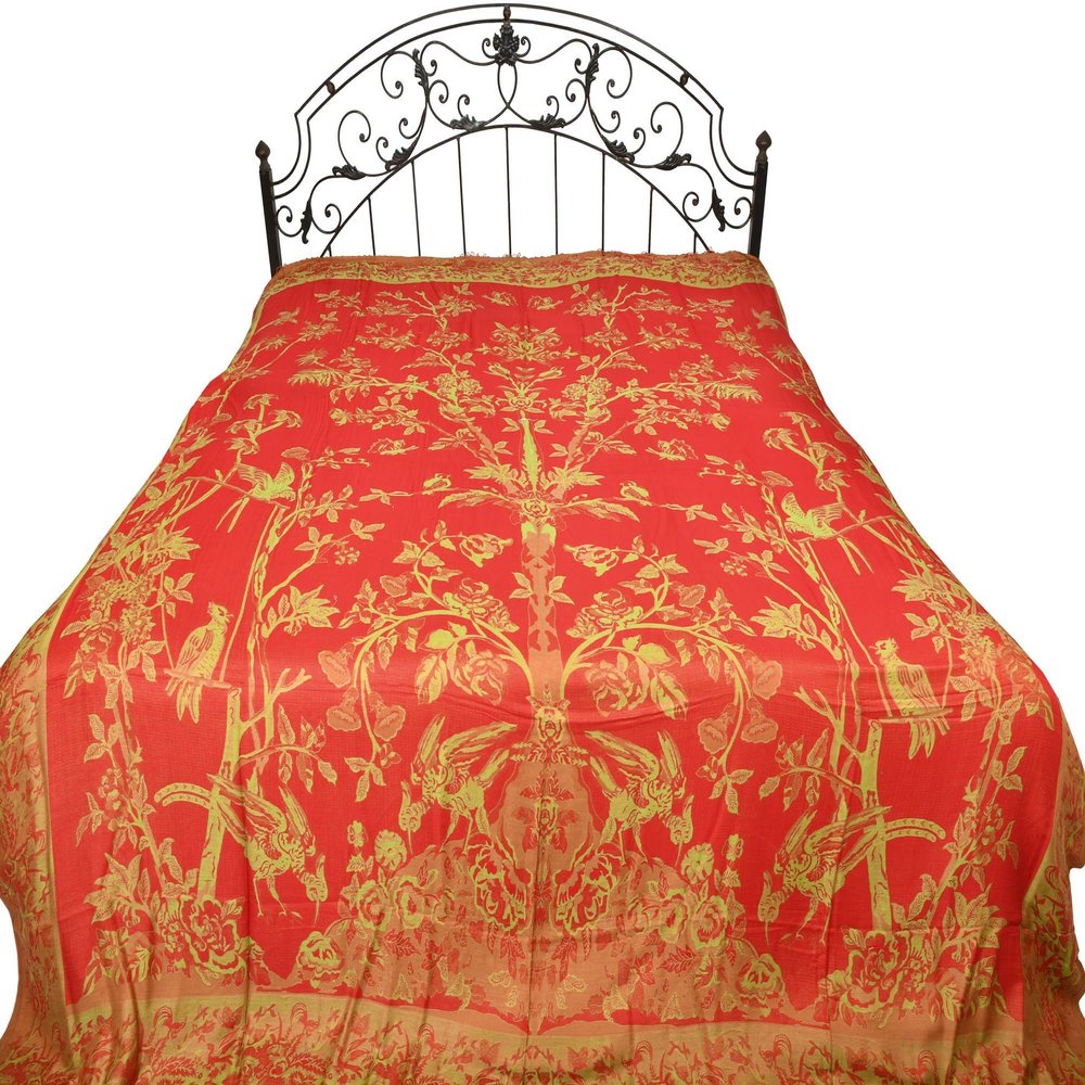 Exotic India Reversible Jamawar Bedspread with Woven Tree of Life - Viscose - Color Red and Beechnut Color