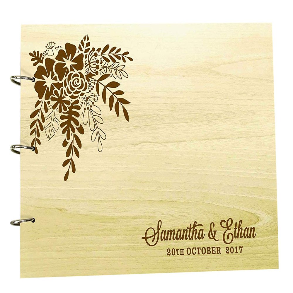 Wood Wooden Floral Engraved Bride & Groom Advice Book Personalized Rustic Wedding Guest Book