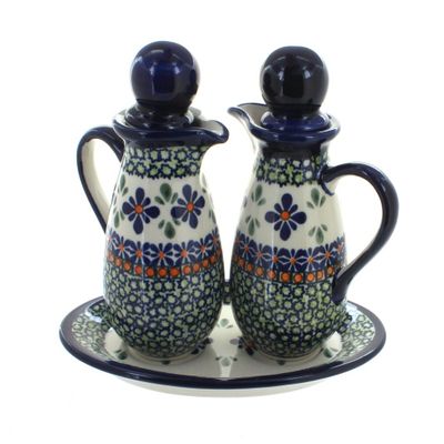 Blue Rose Polish Pottery - Green Mosaic Flower Oil & Vinegar Set - 6 oz Each - Decorative Bottles for Salad Dressing, Olive Oil, or Balsamic Vinegar