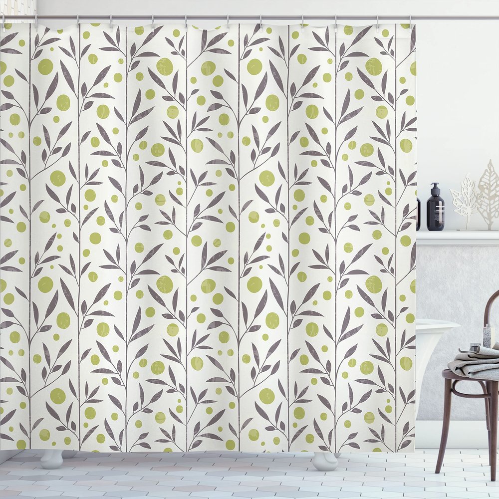 Ambesonne Floral Shower Curtain, Onion Flower Pattern with Circular Petals in Retro Graphic Design, Cloth Fabric Bathroom Decor Set with Hooks, 69" W x 70" L, Avocado Green Coconut