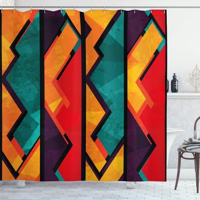 Ambesonne Modern Shower Curtain, Geometric Contemporary Art Design Black Bold Zig Zag Borders Pattern, Cloth Fabric Bathroom Decor Set with Hooks, 69" W x 75" L, Teal Orange Marigold