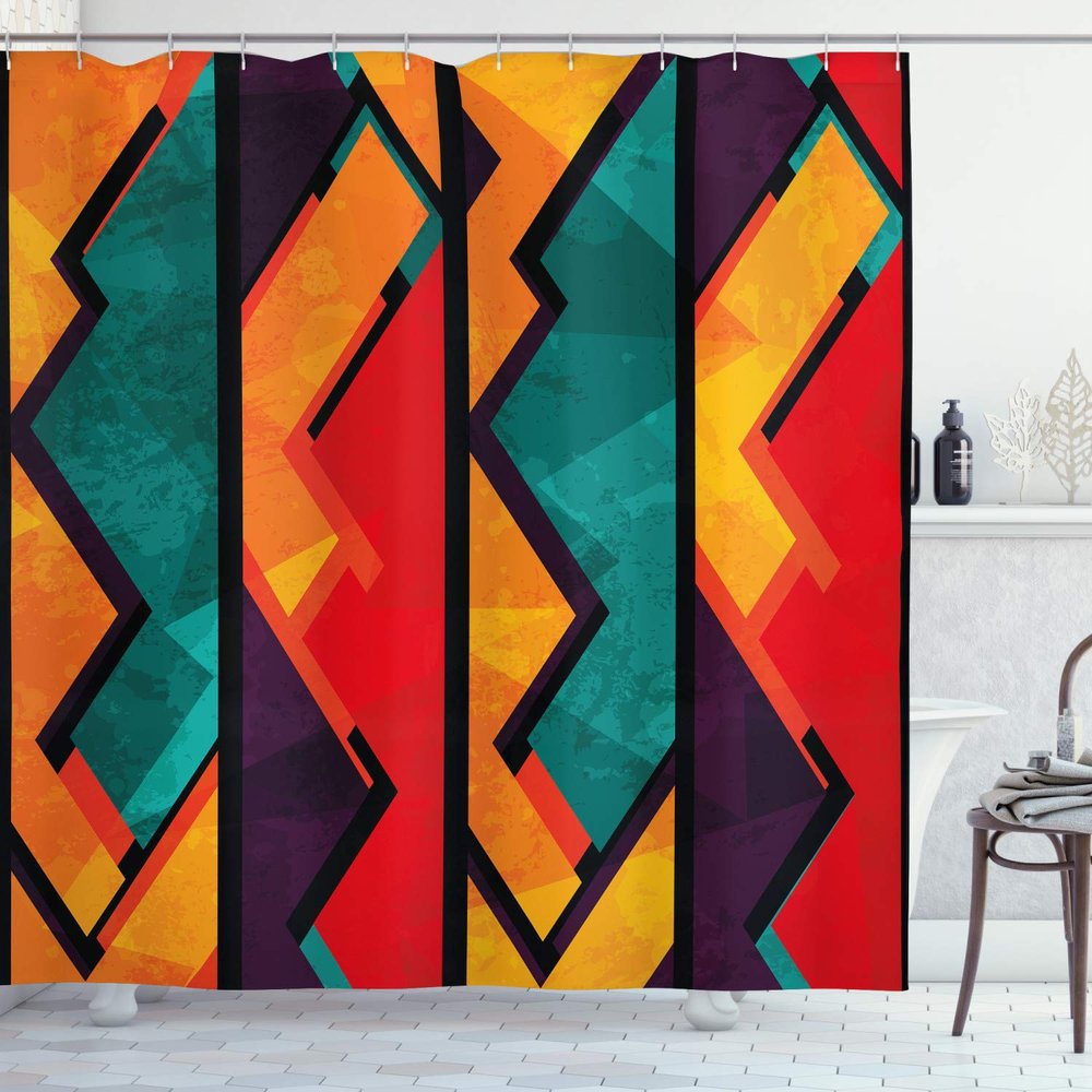 Ambesonne Modern Shower Curtain, Geometric Contemporary Art Design Black Bold Zig Zag Borders Pattern, Cloth Fabric Bathroom Decor Set with Hooks, 69" W x 75" L, Teal Orange Marigold