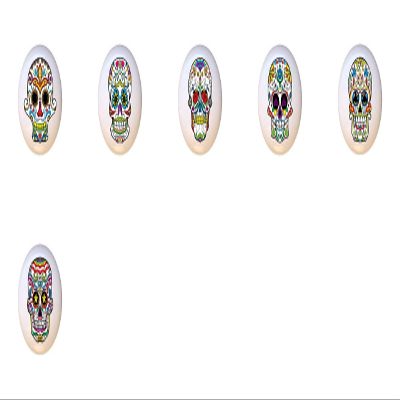 SET OF 6 KNOBS - Skull Set #51322 - Happy Sugar Skulls Skeleton - DECORATIVE Glossy CERAMIC Cupboard Cabinet PULLS Dresser Drawer KNOBS