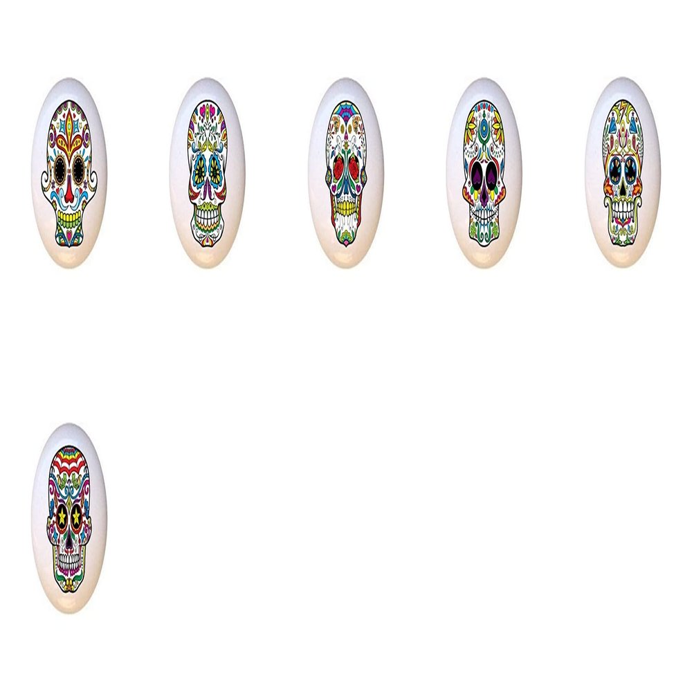 SET OF 6 KNOBS - Skull Set #51322 - Happy Sugar Skulls Skeleton - DECORATIVE Glossy CERAMIC Cupboard Cabinet PULLS Dresser Drawer KNOBS