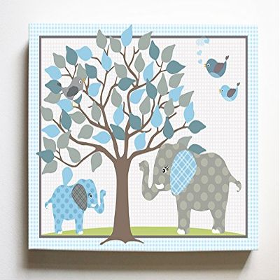 Whimsical Elephant & Lovebirds Garden - Checkerboard Stretched Canvas Nursery Decor - Wall Art That Makes a Memorable Baby Gift Idea - Wooden Frame Construction - Ready to Hang 24X30