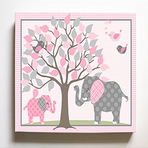 Whimsical Elephant & Lovebirds Garden - Checkerboard Stretched Canvas Nursery Decor - Wall Art That Makes a Memorable Baby Gift Idea - Wooden Frame Construction - Ready to Hang 24X30
