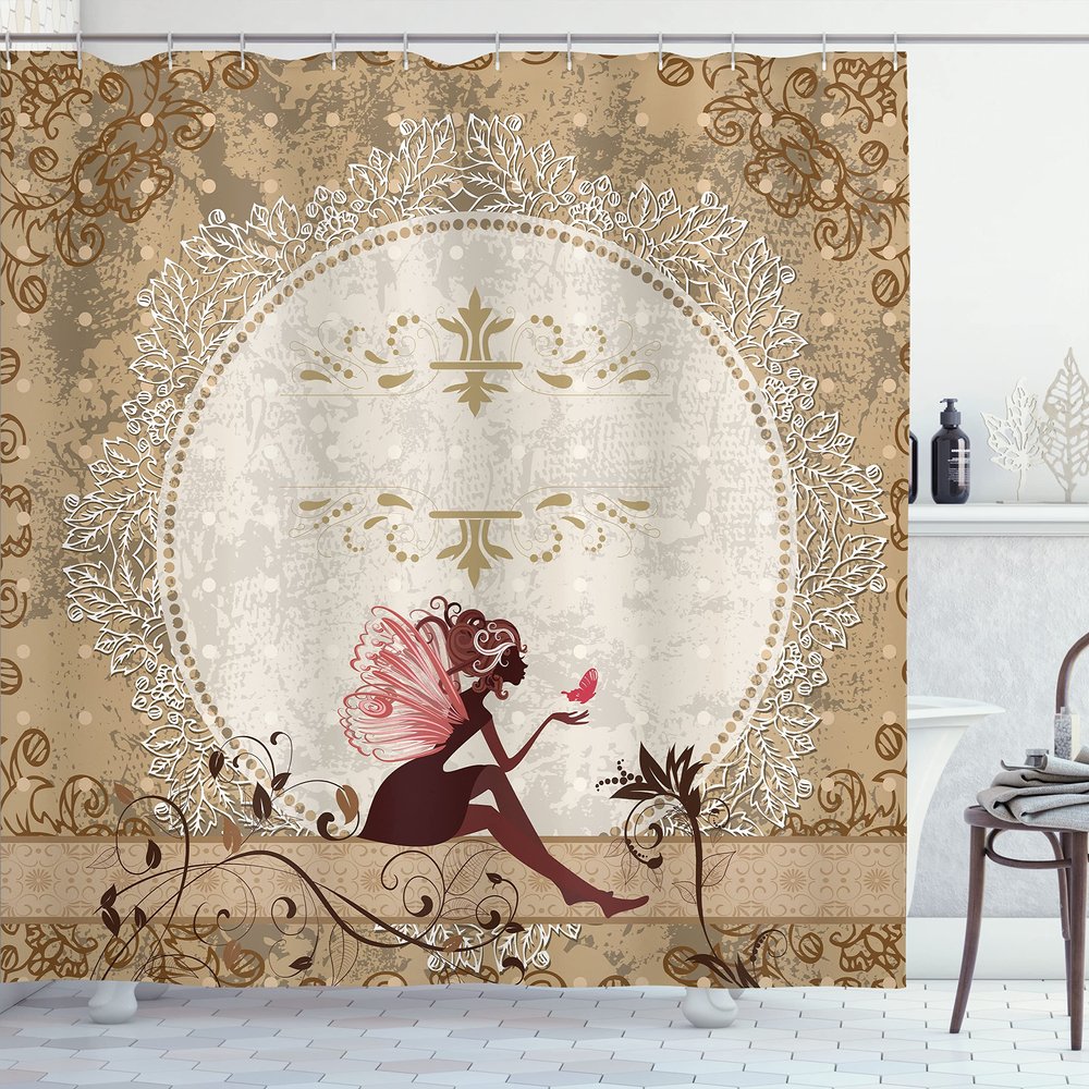 Ambesonne Fantasy Shower Curtain, Elf Pixie Sitting Lace Petals with Butterfly Shabby Form Art Print, Cloth Fabric Bathroom Decor Set with Hooks, 69" W x 75" L, Tan Beige Maroon