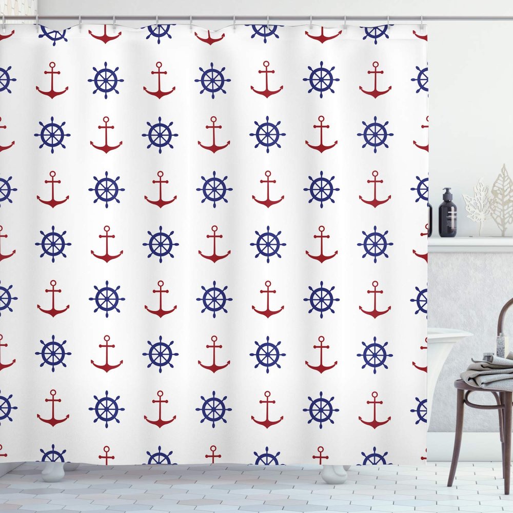 Ambesonne Anchor Shower Curtain, Maritime Design Anchors and Ship Wheels on The White Background Art Print, Cloth Fabric Bathroom Decor Set with Hooks, 69" W x 84" L, Navy Blue and Ruby