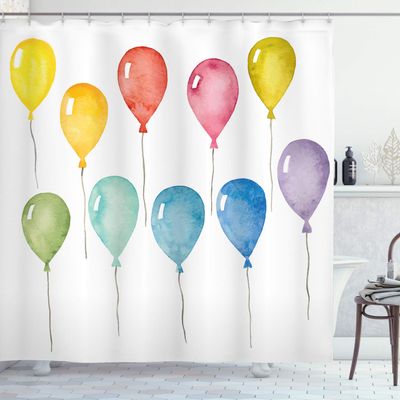 Ambesonne Party Shower Curtain, Colorful Balloons Party Happy Birthday Celebration Themed Watercolor Artwork, Cloth Fabric Bathroom Decor Set with Hooks, 69" W x 75" L, Mustard