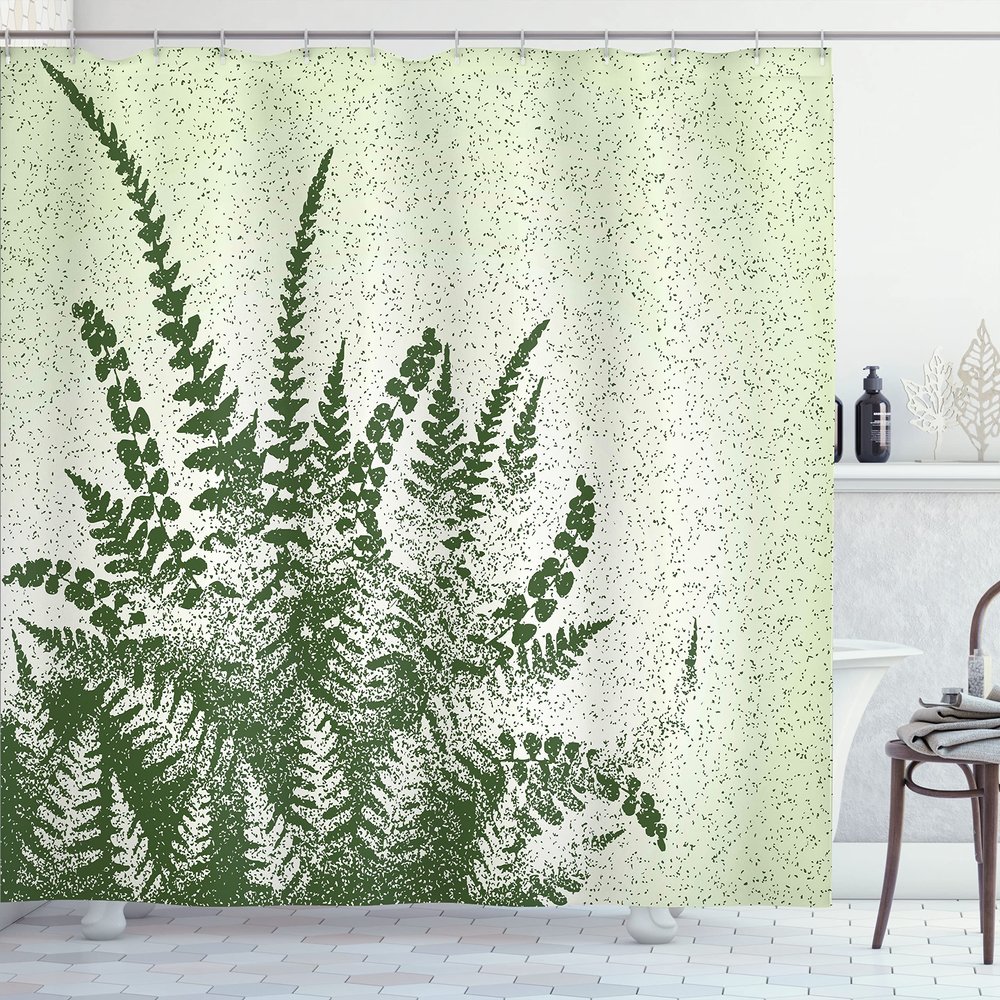 Ambesonne Green Shower Curtain, Nature Botanic Exotic Plants Silhouette Fern Leaves with Grungy Effect, Cloth Fabric Bathroom Decor Set with Hooks, 69" W x 70" L, Green Olive