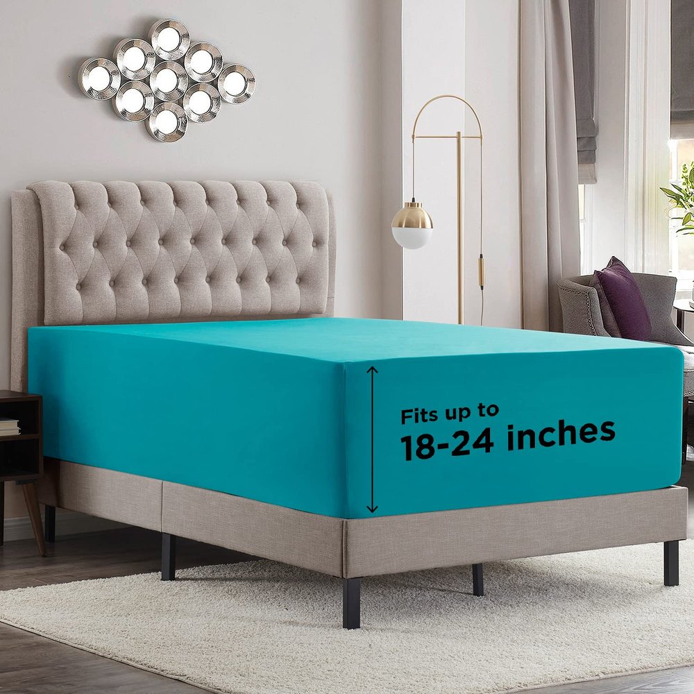 Empyrean Teal Blue Extra Deep Pocket Fitted Sheet Full Size, Hotel Luxury Deep Pocket Full Size Fitted Sheet Only Easily Fits 18 to 24 Inch Mattress, Soft, Wrinkle-Free with Corner Straps