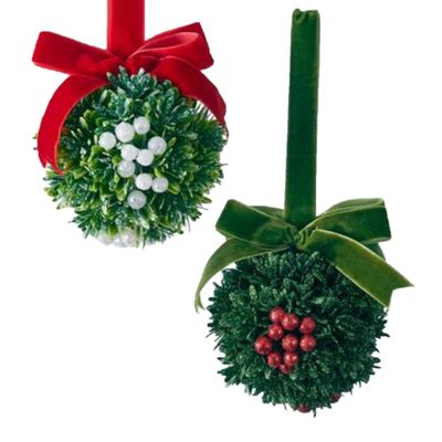 Kurt S. Adler Christmas Kisses Mistletoe Ball - Set of 2 - Green White/Red
