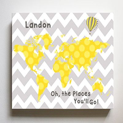 Dr Seuss, Personalized Canvas Nursery Chevron World Map, Customized Baby Name Wall Art Decor, Unique Educational Painting, Memorable Boys & Girls Gift, Giclee Print Stretched on Wood Frame 24X30