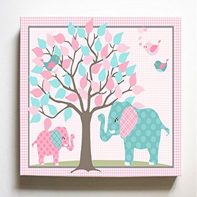 Whimsical Elephant & Lovebirds Garden - Checkerboard Stretched Canvas Nursery Decor - Wall Art That Makes a Memorable Baby Gift Idea - Wooden Frame Construction - Ready to Hang 24X30