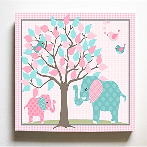 Whimsical Elephant & Lovebirds Garden - Checkerboard Stretched Canvas Nursery Decor - Wall Art That Makes a Memorable Baby Gift Idea - Wooden Frame Construction - Ready to Hang 24X30