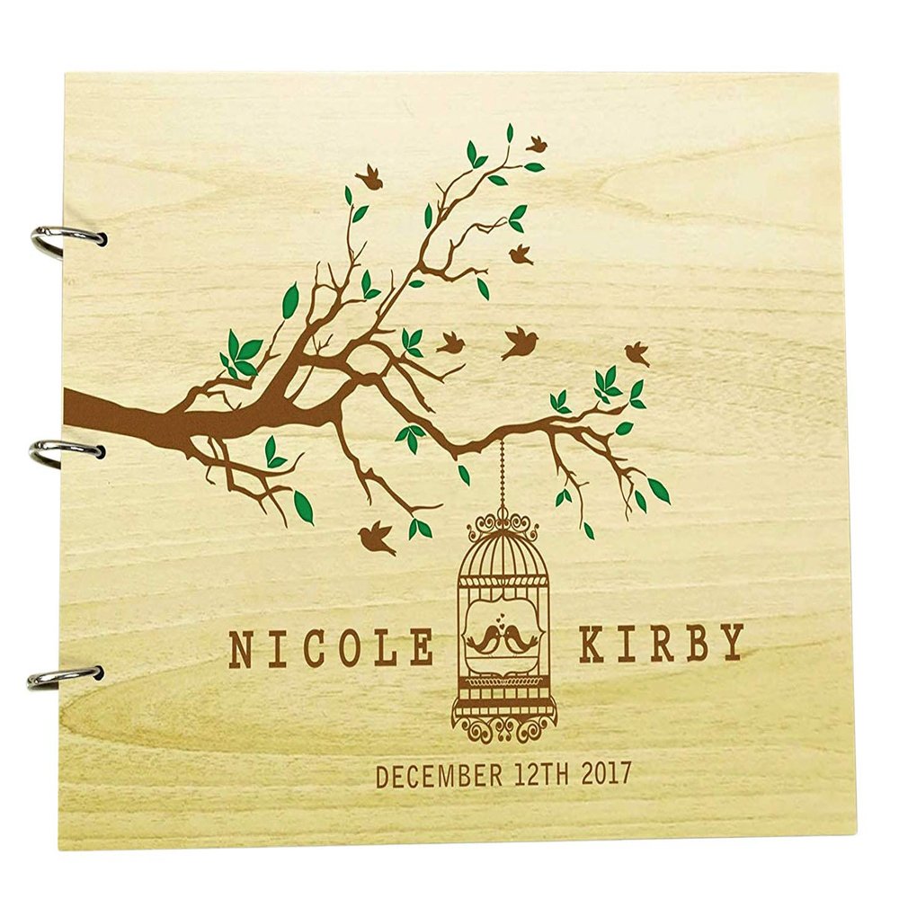 Photo Album Custom Scrapbook Personalized Wood Name Engraved Bride & Groom Advice Book
