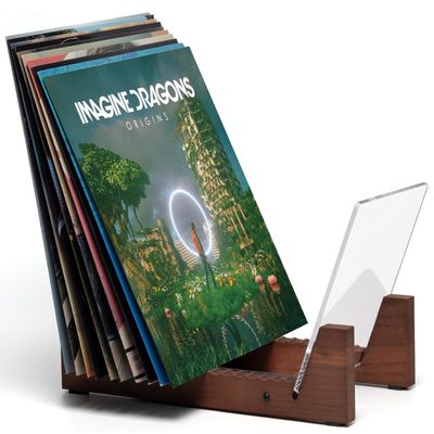 KAIU Vinyl Record Storage Holder - Solid Wood with Crystal Clear Acrylic Holder - Premium Design, Perfect 12" LPs or 7" Singles Display Unit - Stores and Supports up to 50 Albums (Vintage Brown)