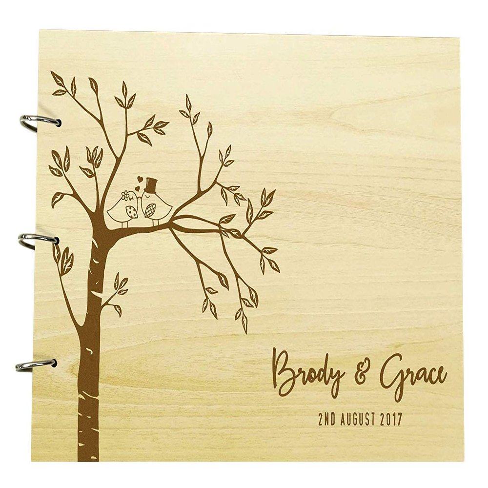 Engraved Trees Couple Birds Wedding Guest Book Personalized Name and Date Photo Albums